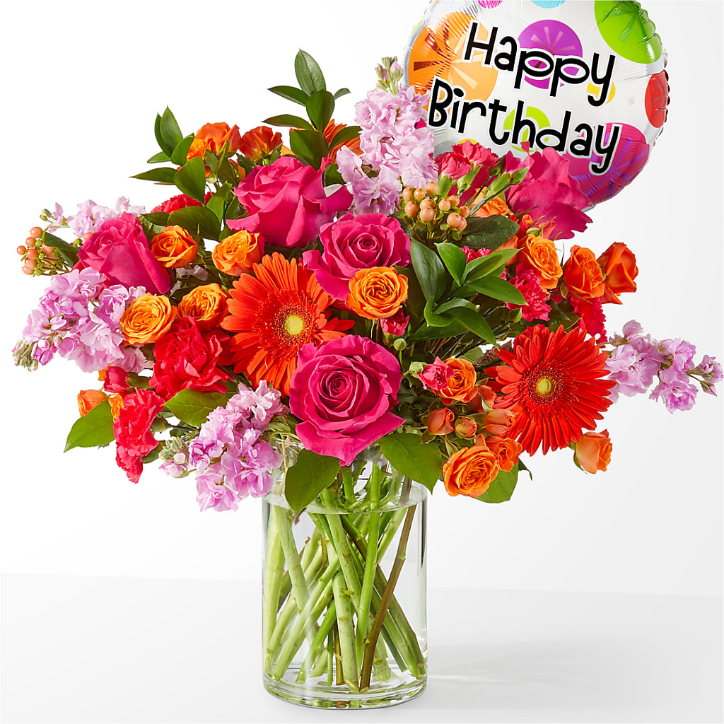 Fiesta Bouquet with Birthday Balloon – Roseland Floral Co Inc, Charlotte NC