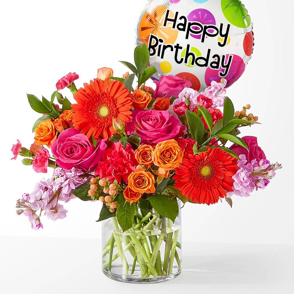 Fiesta Bouquet with Birthday Balloon – Roseland Floral Co Inc, Charlotte NC