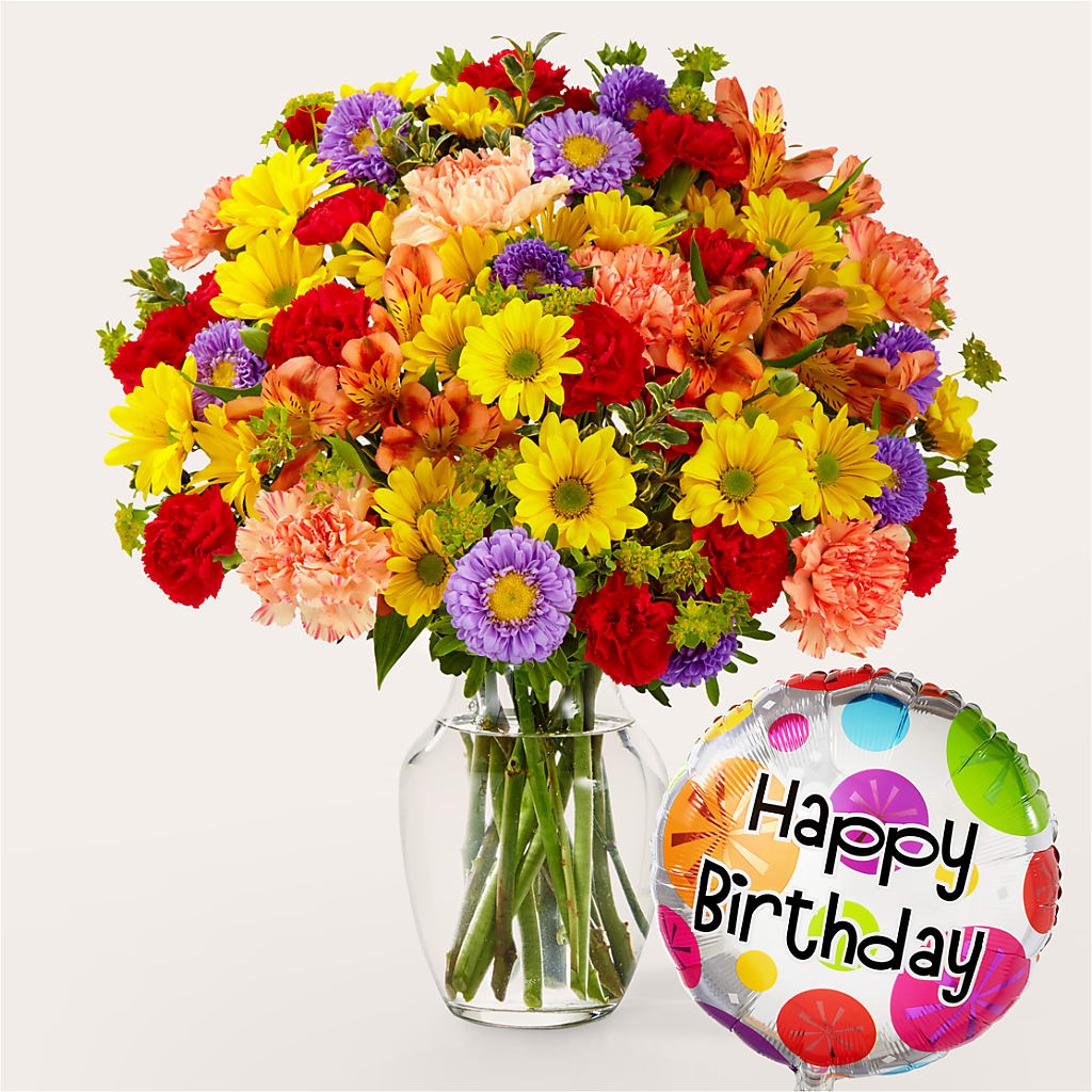 Kaleidoscope Bouquet with Birthday Balloon – Roseland Floral Co Inc, Charlotte NC