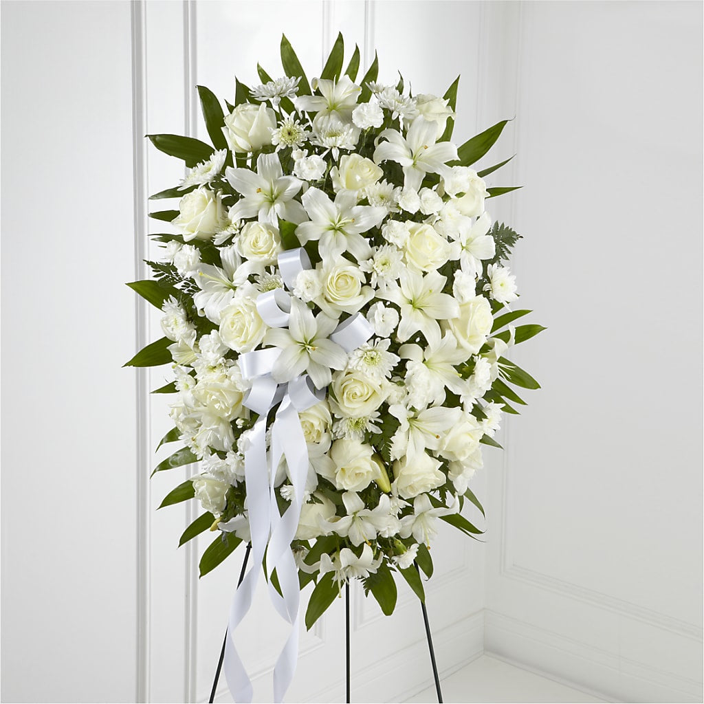 Exquisite Tribute Standing Spray-White Ribbon – Roseland Floral Co Inc, Charlotte NC